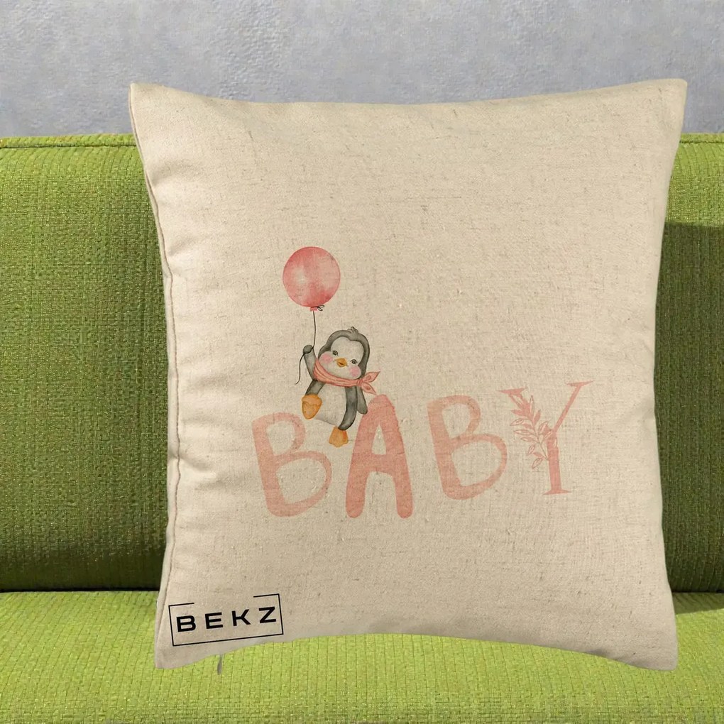 Perna Personalizata Baby Pinguin Roz, 40x40 cm, Bej, Husa Detasabila, Perna Inclusa, BEKZ®