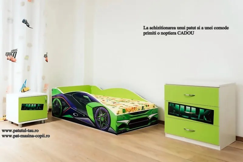 Pat masina Hulk cu comoda si noptiera cadou