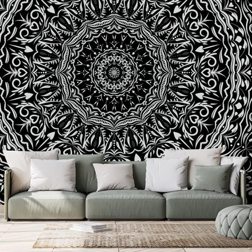 Tapet Mandala în stil vintage în alb-negru
