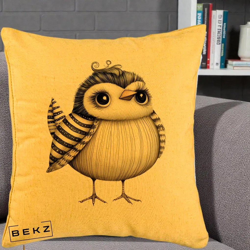 Perna Decorativa Pui Elegant Alb-Negru, 40x40 cm, Galben, Husa Detasabila, Perna Inclusa, BEKZ®