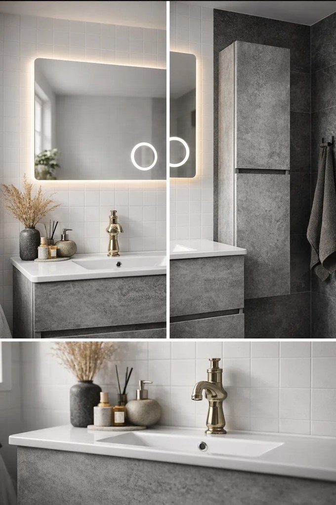 Set Mobilier Baie Stone 80 cm oglinda cu LED, dezaburire si lupa, lavoar ceramic, soldat inclus, MDF total