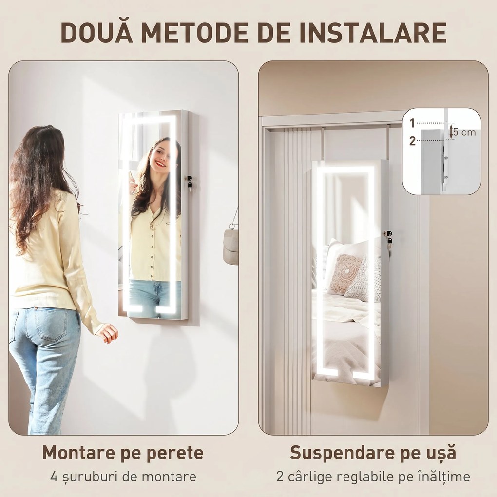 HOMCOM Dulap pentru bijuterii de perete sau pentru ușă, cu oglindă interioară și LED, cu încuietoare și cheie, buzunar cu fermoar, alb | Aosom Romania