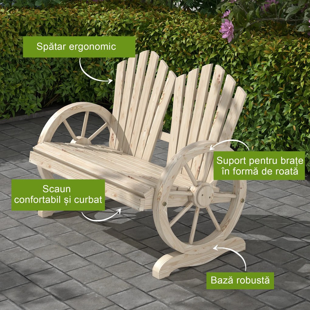 Outsunny Bancă de Grădină pentru 2 Persoane cu Mânere în Formă de Roată, Bancă de Exterior din Lemn de Brad, pentru Terasă și Curte, 108x66x95 cm, Finisaj Lemn Natural | Aosom Romania