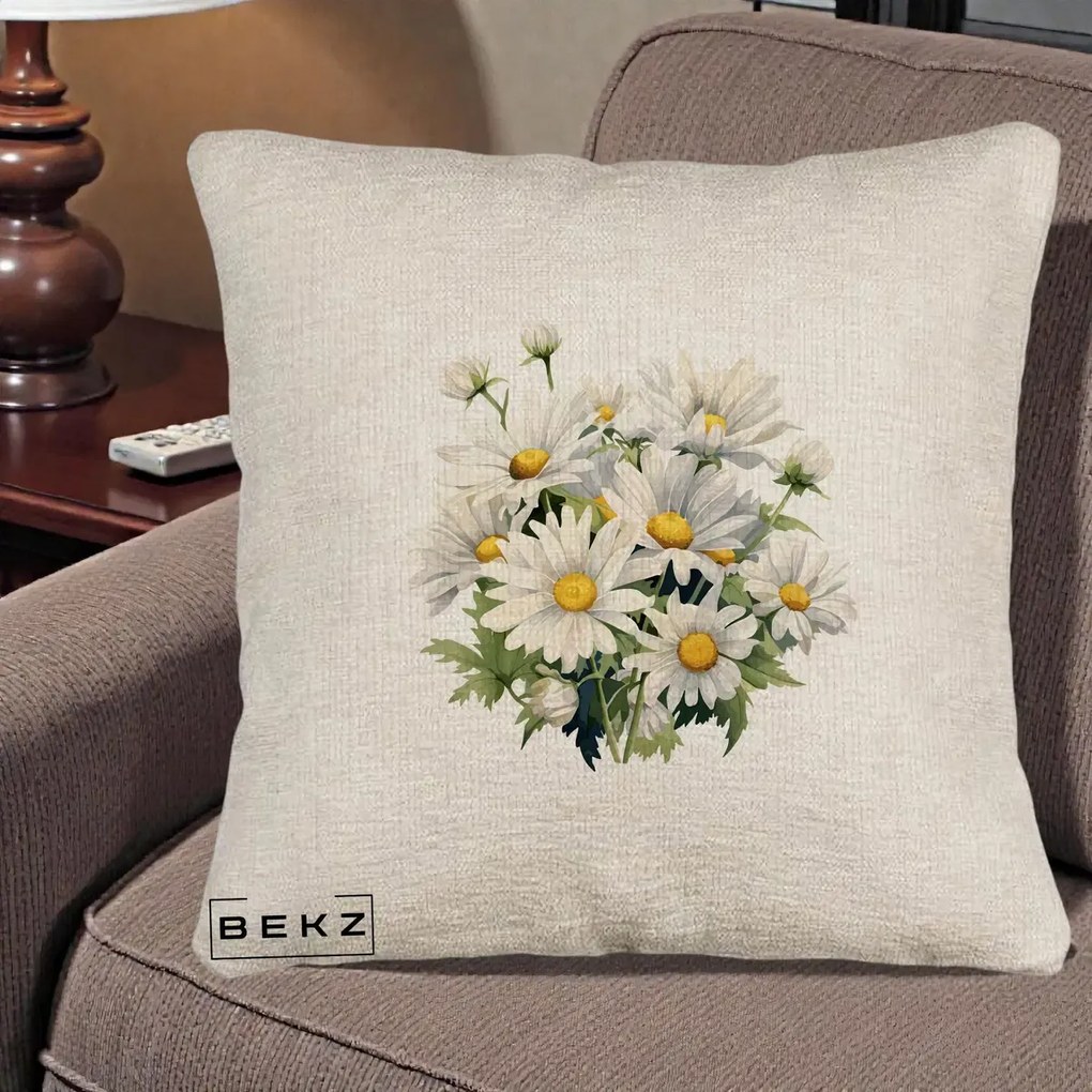 Perna Decorativa Buchet Margarete Albe Acuarela, 40x40 cm, Bej Canapea, Husa Detasabila, Perna Inclusa, BEKZ®