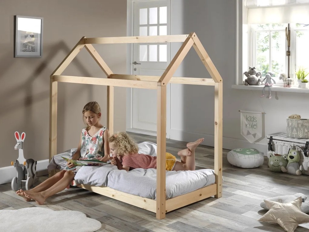 Pat‑căsuță 70 × 140 cm NATURAL – spațiu sigur și jucăuș pentru primii pași – gamă Cabane – Vipack