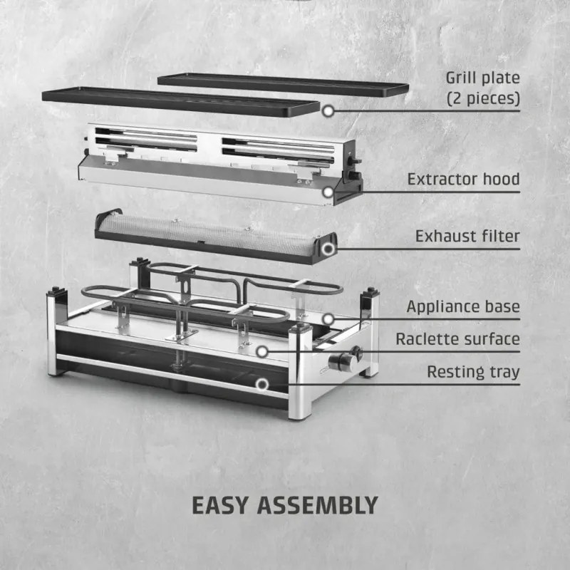 Gratar pentru raclette CASO Design Raclette AirClean, 1500 W, Placi ceramice, Sistem pentru reducerea mirosurilor si a fumului, Filtru, Otel inoxidabil