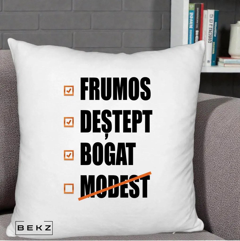 Perna Decorativa Frumos Destept Bogat, 40x40 cm, Alb Pufos, Husa Detasabila, Perna Inclusa, BEKZ®