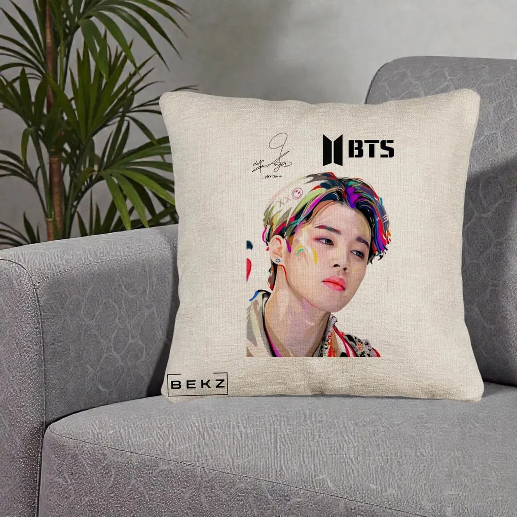 Perna Personalizata K-pop BTS Jimin Portret Artistic Multicolor cu Autograf, 40x40 cm, Bej Canapea, Husa Detasabila, Perna Inclusa, BEKZ®