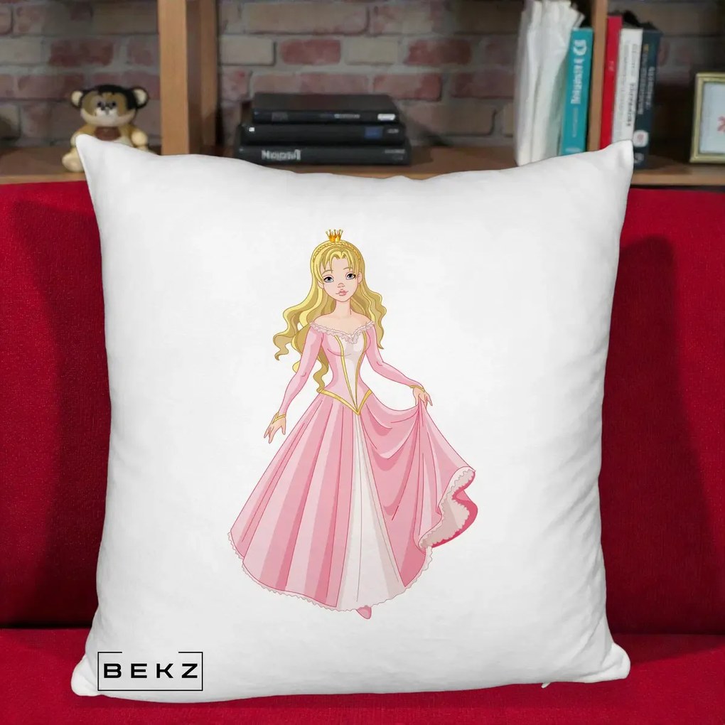 Perna Decorativa Printesa Aurora Rochie Roz, 40x40 cm, Alb Pufos, Husa Detasabila, Perna Inclusa, BEKZ®