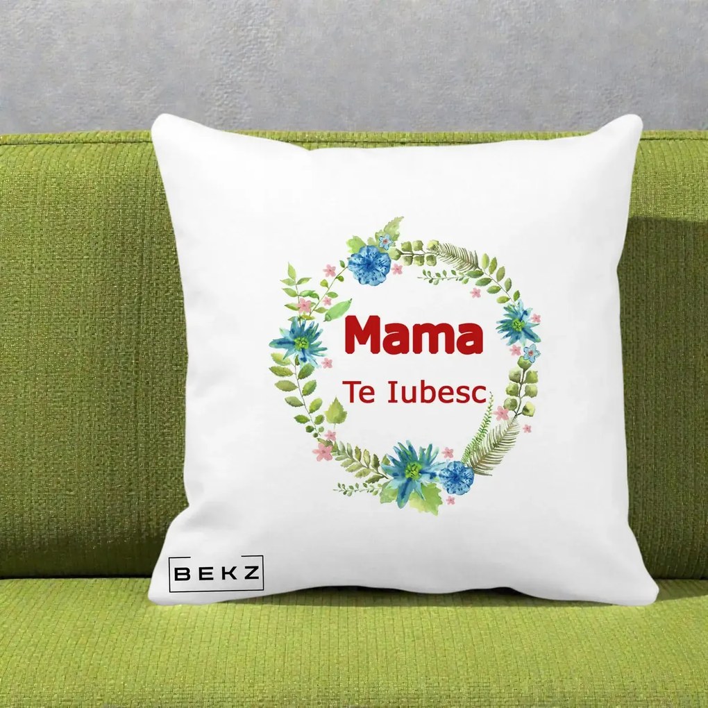 Cadou pentru Mama - Perna Personalizata Mama Te Iubesc Flori Albastre, 40x40 cm, Alba Mata, Husa Detasabila, Perna Inclusa, BEKZ®