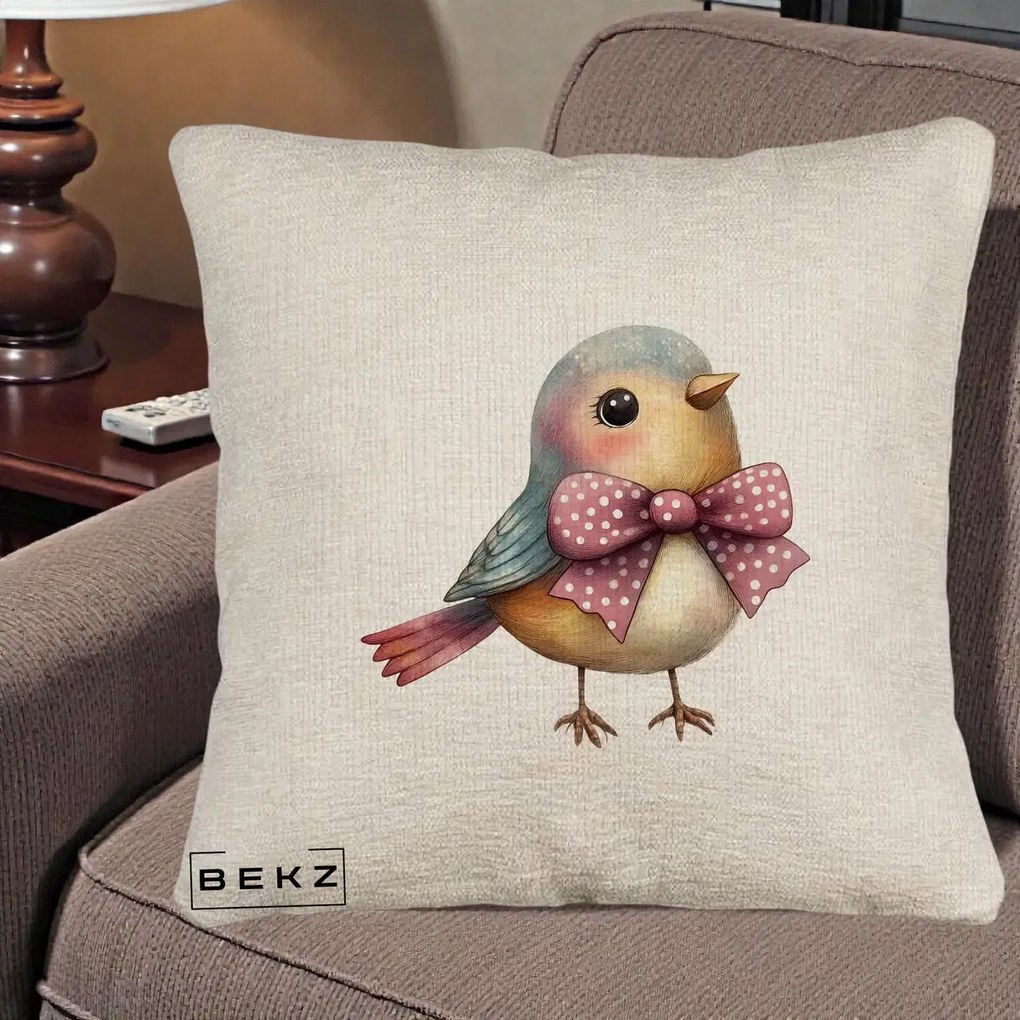 Perna Decorativa Pasare Bleu cu Fundita Roz, 40x40 cm, Bej Canapea, Husa Detasabila, Perna Inclusa, BEKZ®