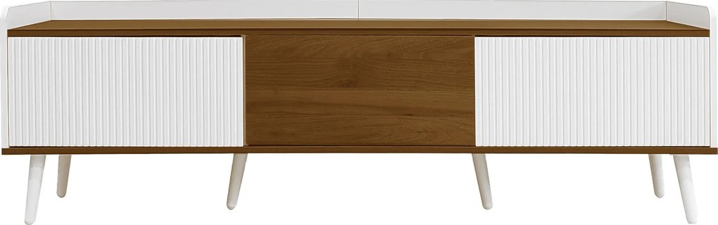 Comodă TV cu 3 uși, picioare din lemn și margine înaltă, 160x39x49,5 cm, Culoare naturală+Alb