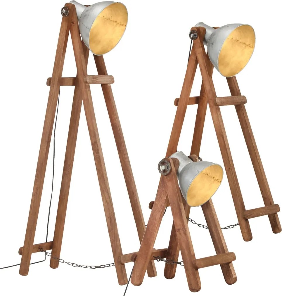 vidaXL Lămpi de podea, 3 buc., argintiu, lemn masiv de mango, E27