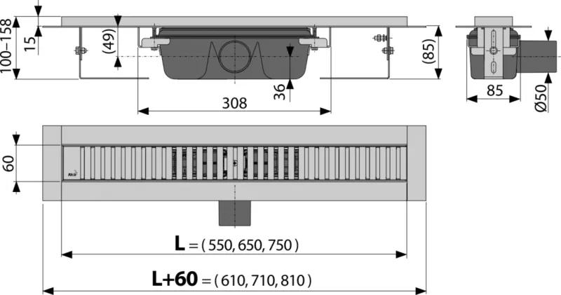 Rigola dus faiantabila iesire laterala si capac perforat crom 650 mm Alcadrain APZ1SMART-LINE-650 650 mm