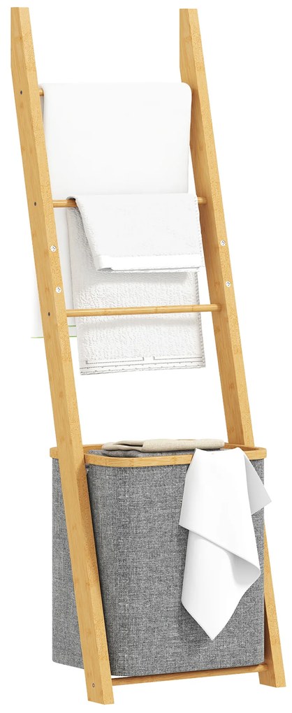 HOMCOM Suport prosoape din bambus cu coș de rufe, scară suport pentru prosoape cu 1 coș de rufe, 43 x 35 x 133 cm, gri | Aosom Romania