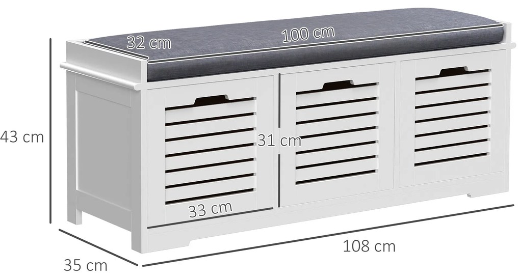 HOMCOM Banc pentru pantofi dulap pentru pantofi cu 3 sertare și pernă detașabilă, dim. 108l x 35A x 43Î cm, alb | Aosom Romania