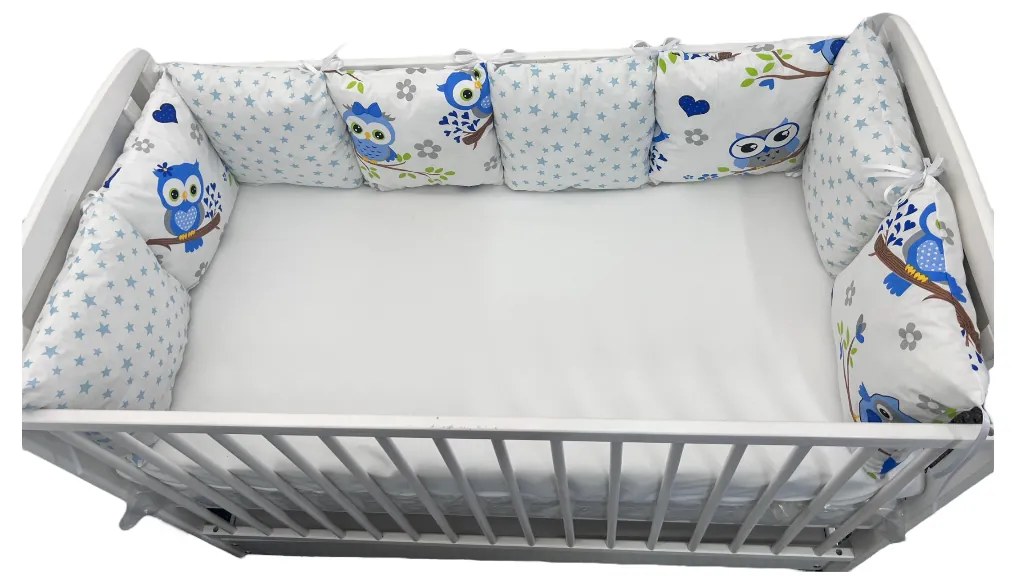 Set 8 Pernute pufoase 30x30 cm aparatori laterale protectii pat 120x60 cm Deseda Mix Bufnite si stelute albastre