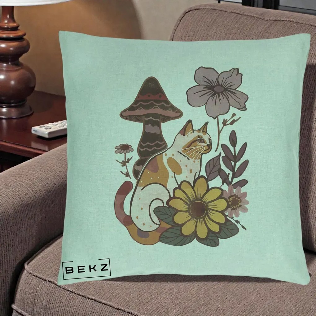 Perna Decorativa Pisica Vintage Florala Boho, 40x40 cm, Verde Menta, Husa Detasabila, Perna Inclusa, BEKZ®
