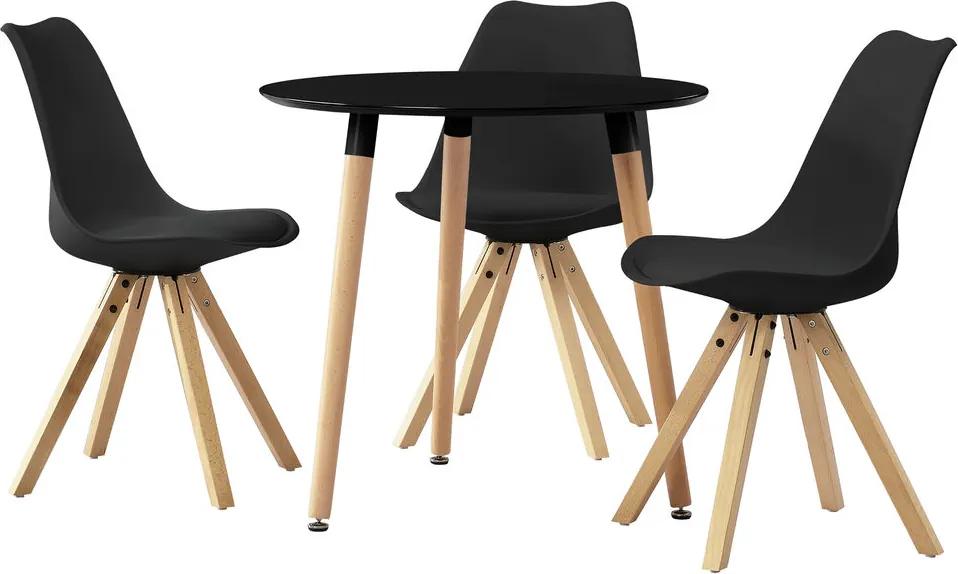 Masa neagra bucatarie/salon rotunda design cu 3 scaune negre