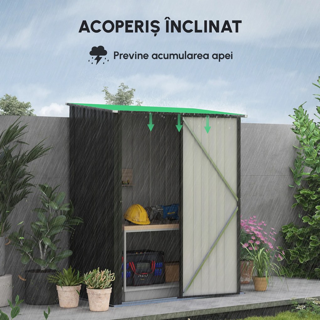 Outsunny Magazie de Gradina Pentru Unelte din Tabla de Otel, Magazie pentru Unelte cu Zavor, 161.5x94.5x196cm, Negru | Aosom Romania