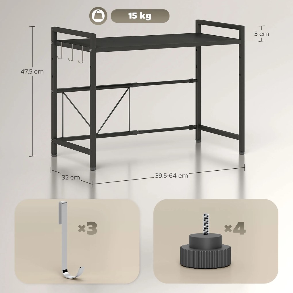 HOMCOM Suport extensibil pentru cuptor cu microunde pe 2 niveluri cu 3 cârlige, din metal, negru | Aosom Romania