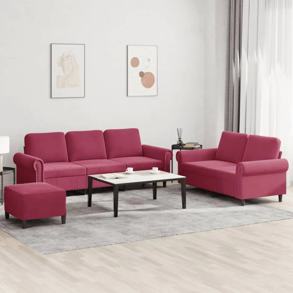 vidaXL Set canapea cu perne, 3 piese, roșu vin, catifea