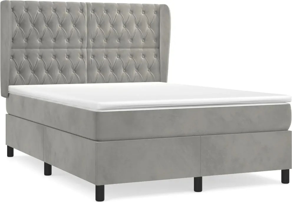 vidaXL Pat box spring cu saltea, gri deschis, 140x200 cm, catifea