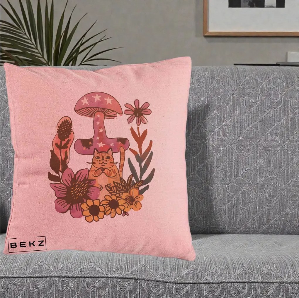 Perna Decorativa Ciuperca Pisica Boho, 40x40 cm, Roz, Husa Detasabila, Perna Inclusa, BEKZ®