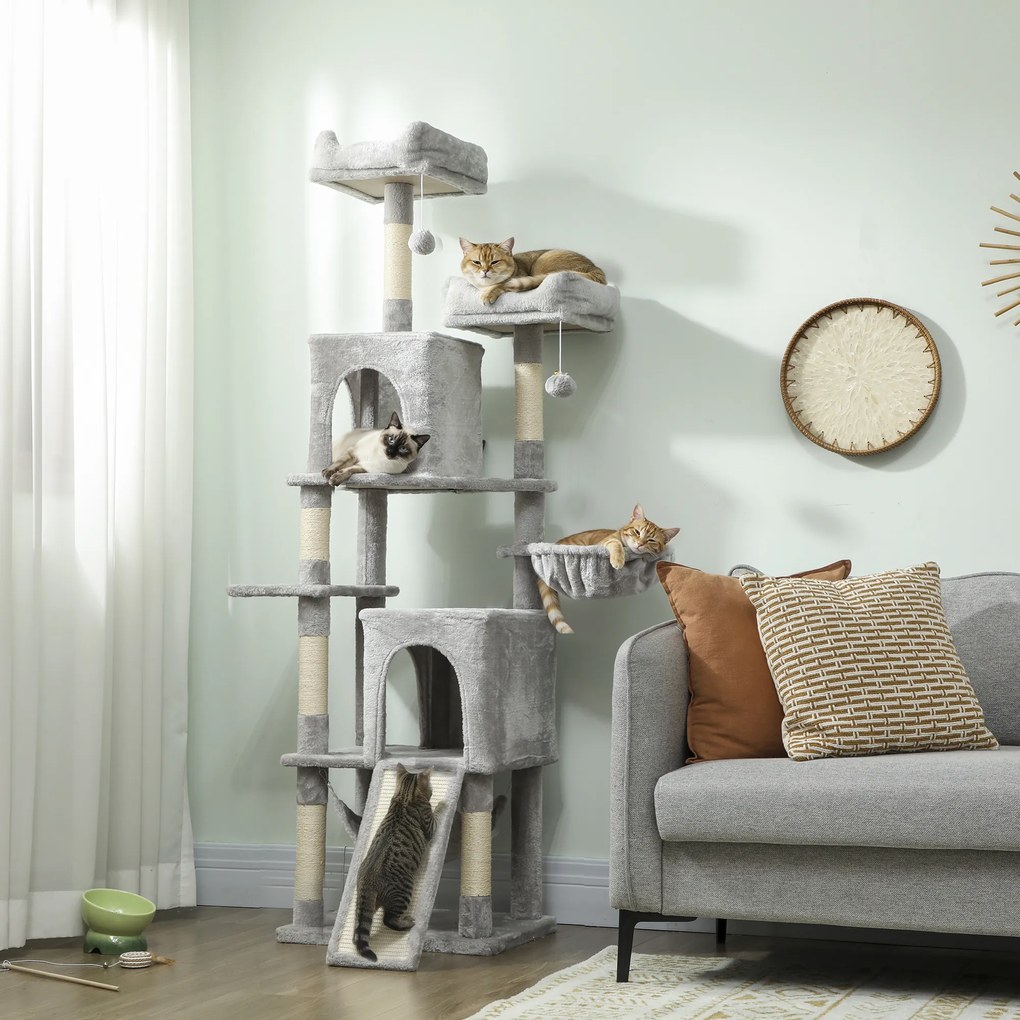 PawHut Arborele pentru Pisici cu Căsuțe, Paturi, Singhii și Mingi, Gri Deschis | Aosom Romania