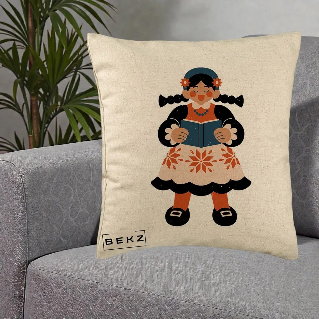 Perna Personalizata Fetita cu Carte Ilustratie Folk, 40x40 cm, Bej, Husa Detasabila, Perna Inclusa, BEKZ®