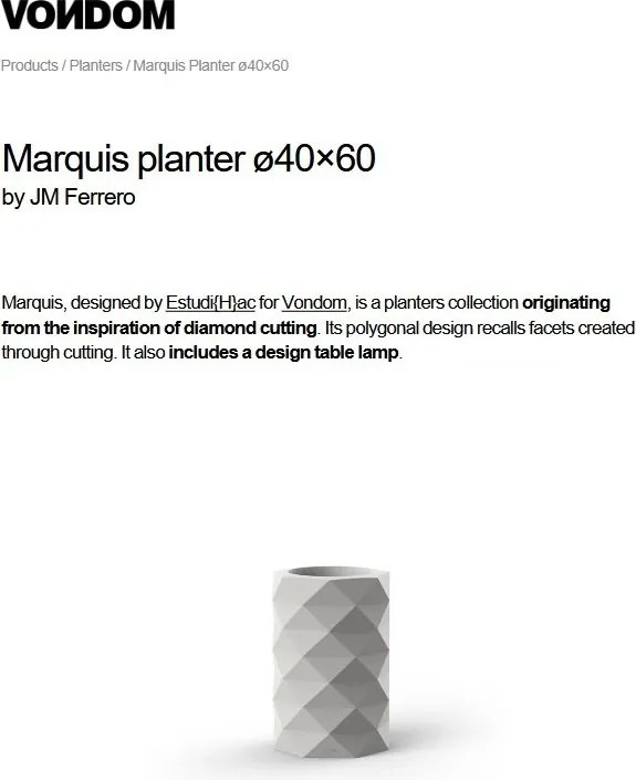 Ghiveci plante, flori design decorativ modern pentru amenajari interioare si exterioare, MARQUIS PLANTER 47083R Vondom
