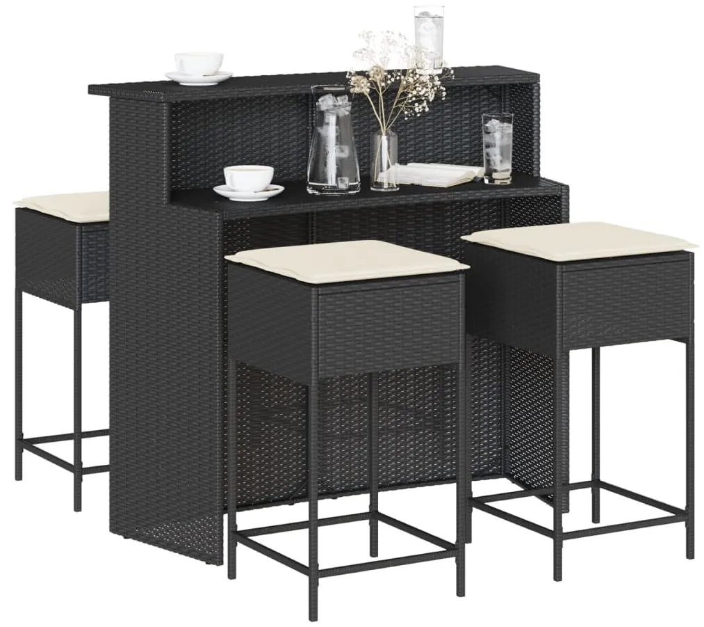 vidaXL Set mobilier bar de grădină cu perne, 5 piese, negru, poliratan