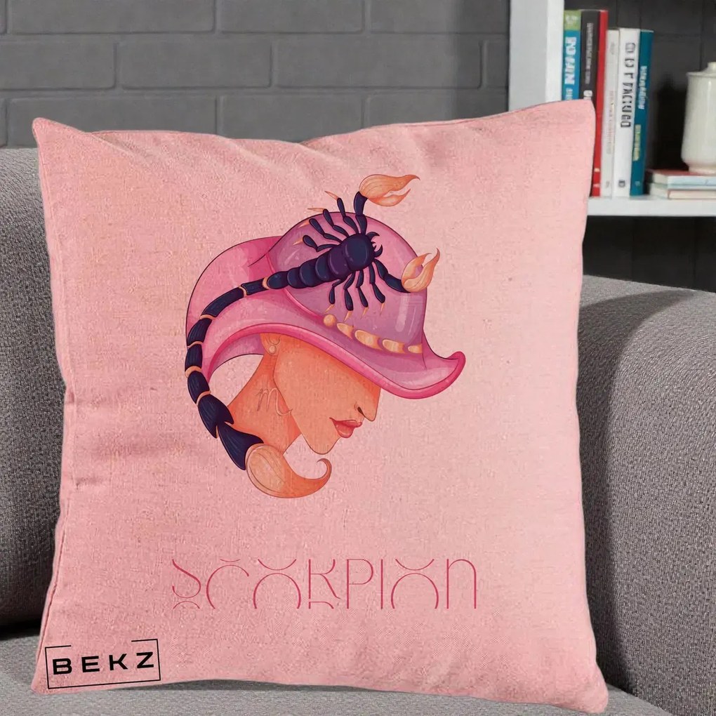 Perna Personalizata Zodiac Scorpion Cowgirl, 40x40 cm, Roz, Husa Detasabila, Perna Inclusa, BEKZ®