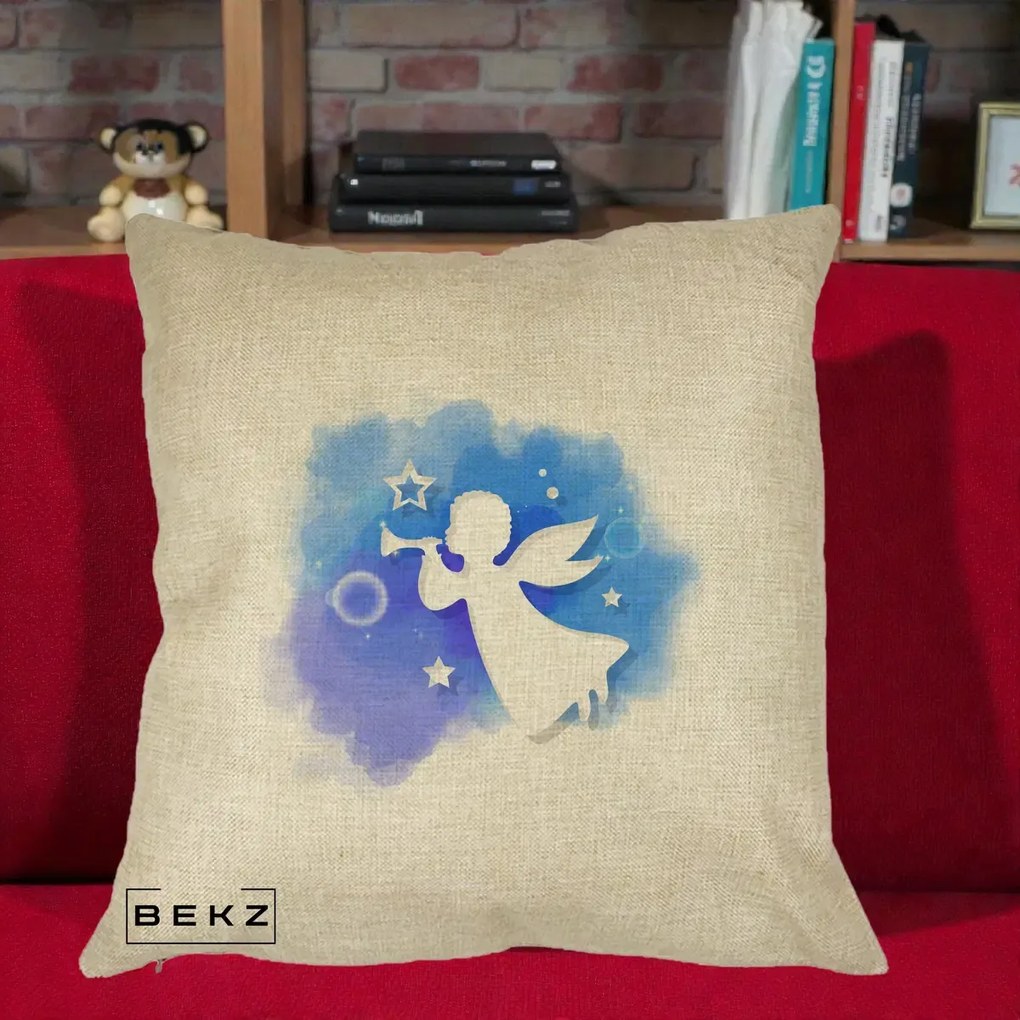 Perna Decorativa Inger cu Trompeta Albastru, 40x40 cm, Crem, Husa Detasabila, Perna Inclusa, BEKZ®