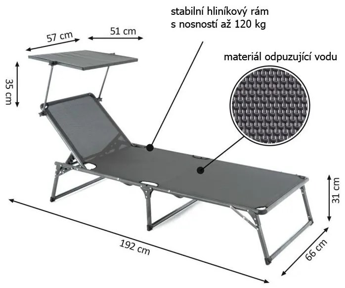 Șezlong pliant DIVERO cu acoperiș XXL, negru