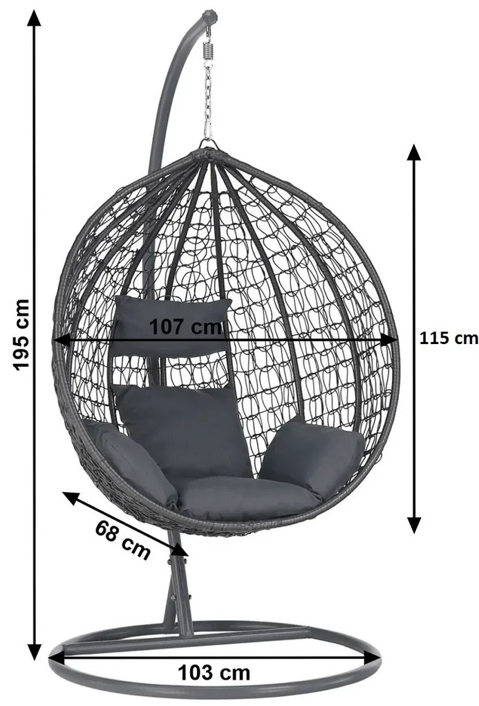Fotoliu leagan suspendat, cu perne moi, rezistente la UV, împletitură tip răchită, structură metalică, pentru interior și exterior, Gri