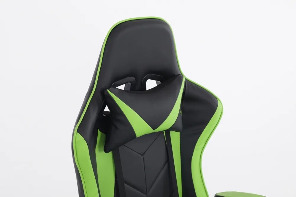 Scaun gaming, masaj în perna lombară, suport picioare, piele PU, Negru/Verde