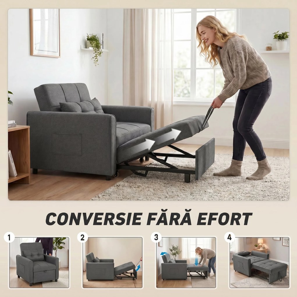 HOMCOM Fotoliu Pat Single 3 în 1 din Material Textil Tip In și Lemn cu Spătar Reclinabil, Pernă, Buzunare, Gri | Aosom Romania