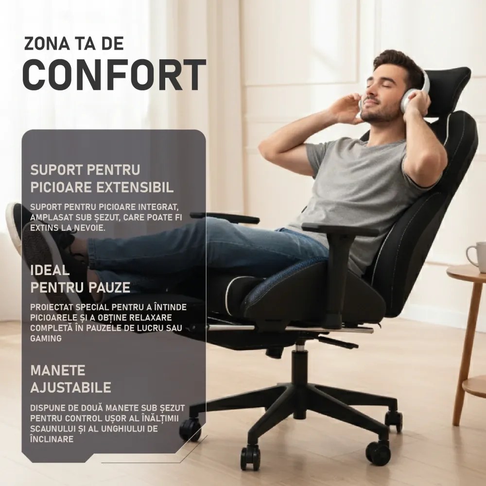 LUMINA X-Motion Pro – Scaun Gaming & Office Premium cu LED RGB și Suport pentru Picioare – Confort Inteligent și Design Spectaculos, Textil, Negru/Alb