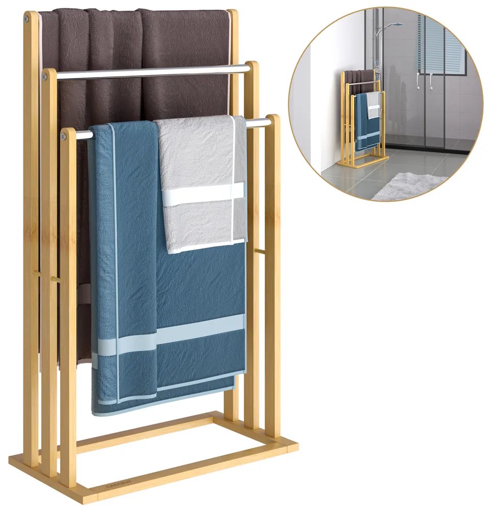 Suport de prosoape de bambus RUBBY cu bare metalice, 46x24x84cm, maro/argintiu Casaria