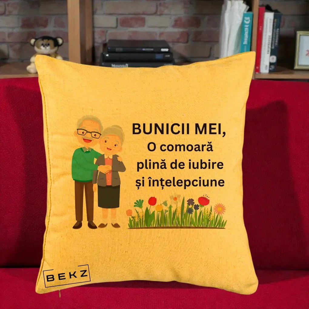 Cadou pentru Bunici - Perna Personalizata Bunicii Mei Comoara Cuplu Senior cu Flori Colorat, 40x40 cm, Galben, Husa Detasabila, Perna Inclusa, BEKZ®