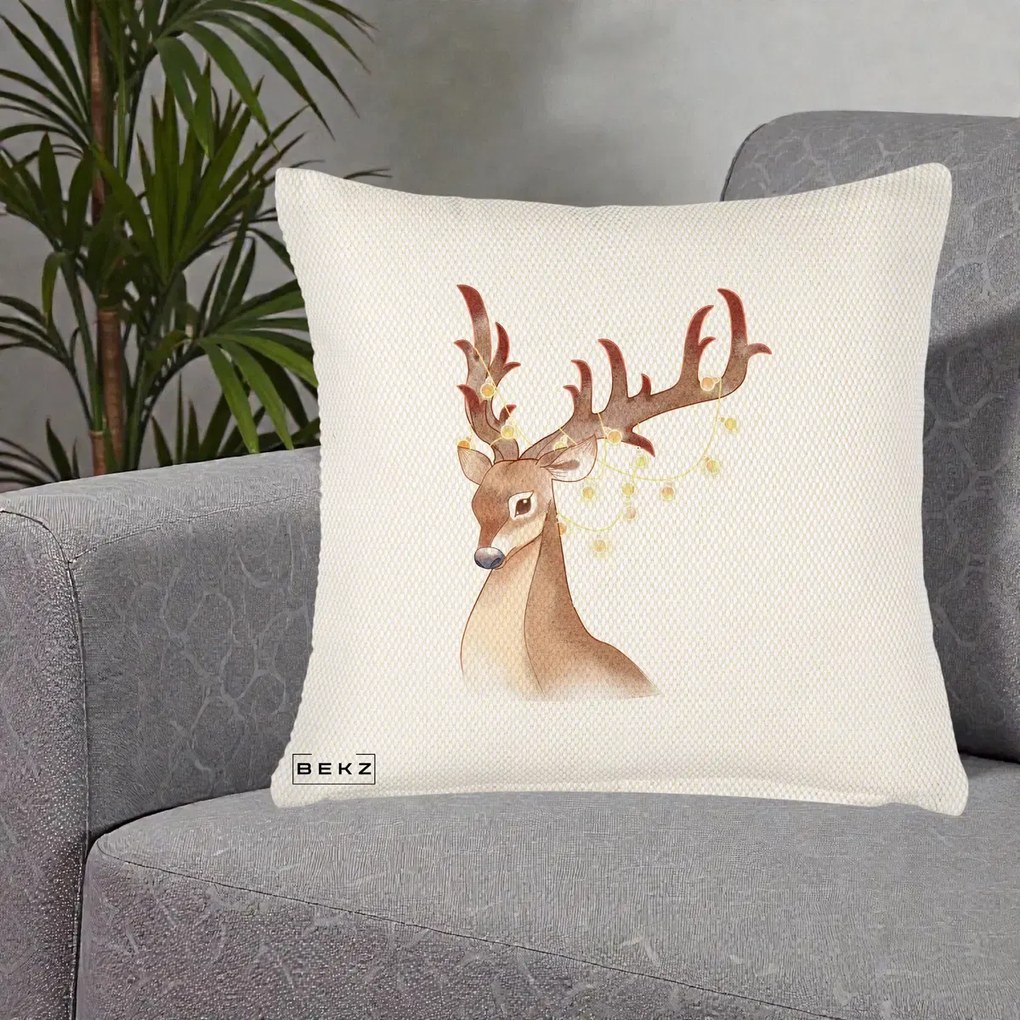Perna Decorativa Ren cu Luminite de Craciun, 40x40 cm, Crem Reliefat, Husa Detasabila, Perna Inclusa, BEKZ®