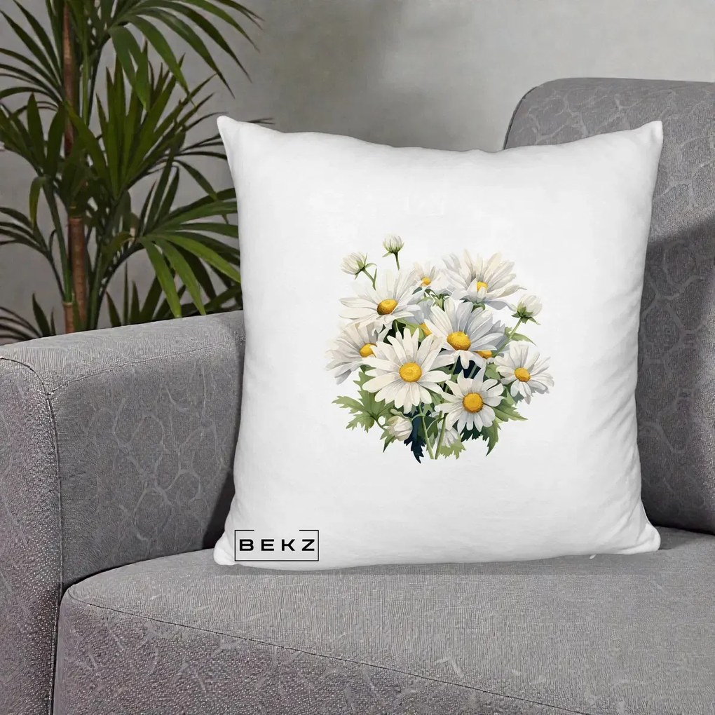 Perna Decorativa Buchet Margarete Albe Acuarela, 40x40 cm, Alb Pufos, Husa Detasabila, Perna Inclusa, BEKZ®