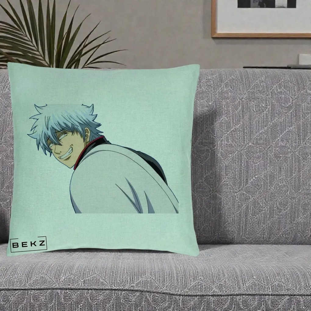 Perna Personalizata Gintama Gintoki Portret cu Zambet, 40x40 cm, Verde Menta, Husa Detasabila, Perna Inclusa, BEKZ®