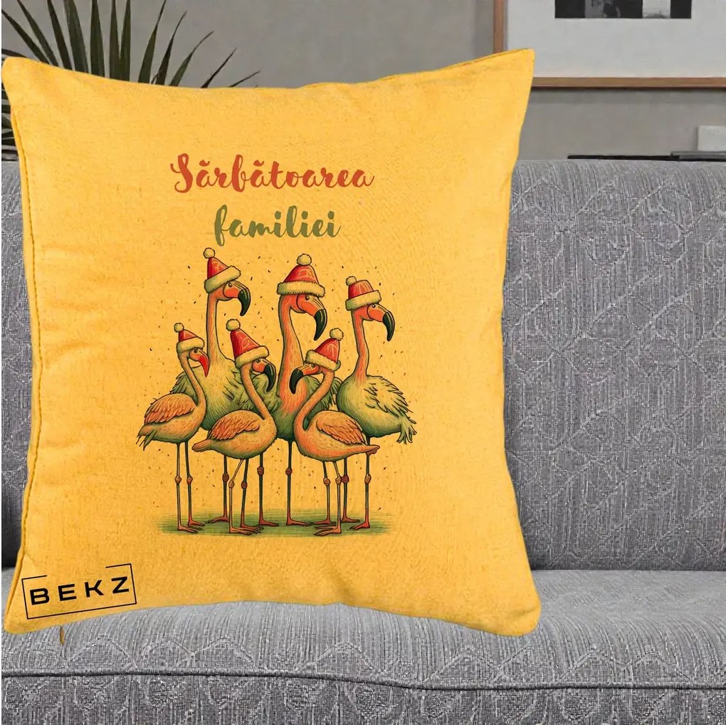 Perna Decorativa Flamingo Craciun Sarbatoarea Familiei, 40x40 cm, Galben, Husa Detasabila, Perna Inclusa, BEKZ®