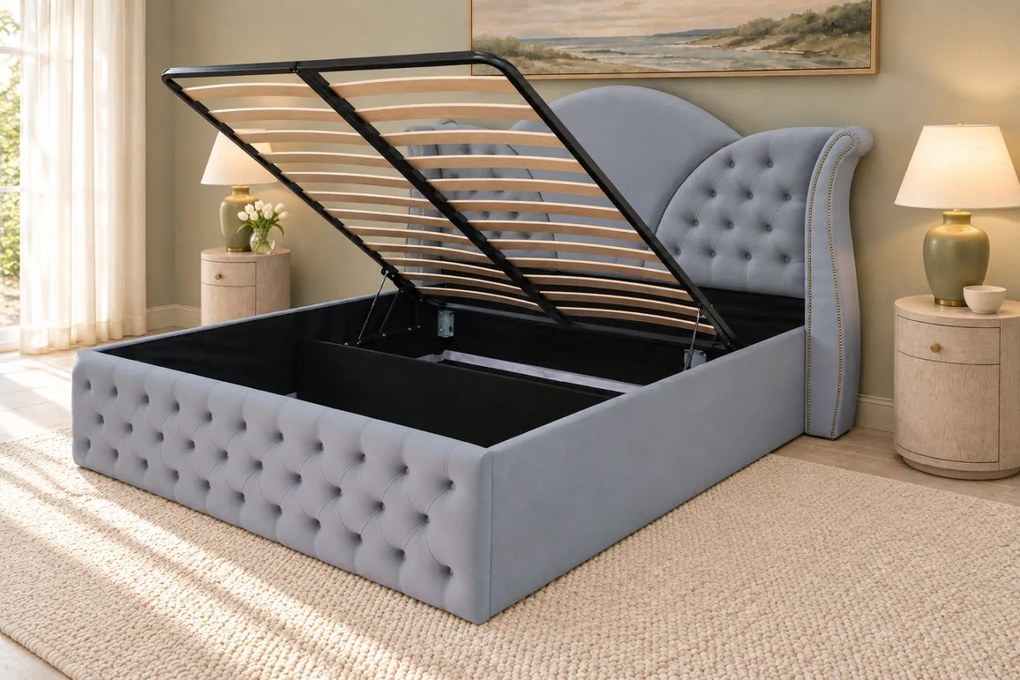 Pat tapițat Chesterfield din catifea Velora 140×200 cm, gri deschis, cu ladă de depozitare
