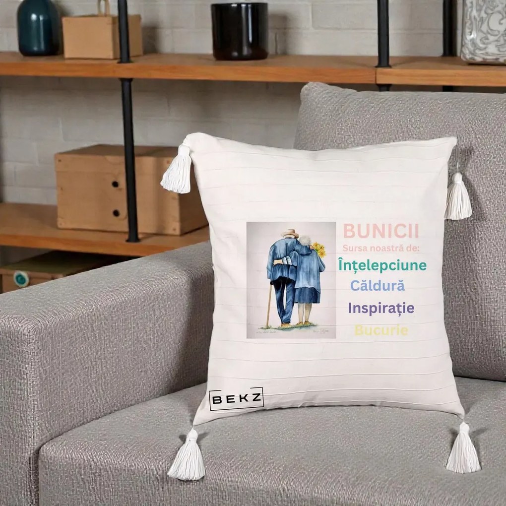 Cadou pentru Bunici - Perna Personalizata Bunicii Sursa Intelepciune Caldura Acuarela, 40x40 cm, Bej cu Franjuri, Husa Detasabila, Perna Inclusa, BEKZ®
