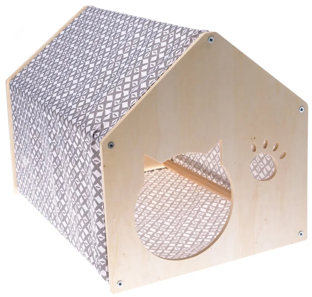 Casă din lemn pentru pisici cu pânză gri, 51,5 x39,5 x 38 cm