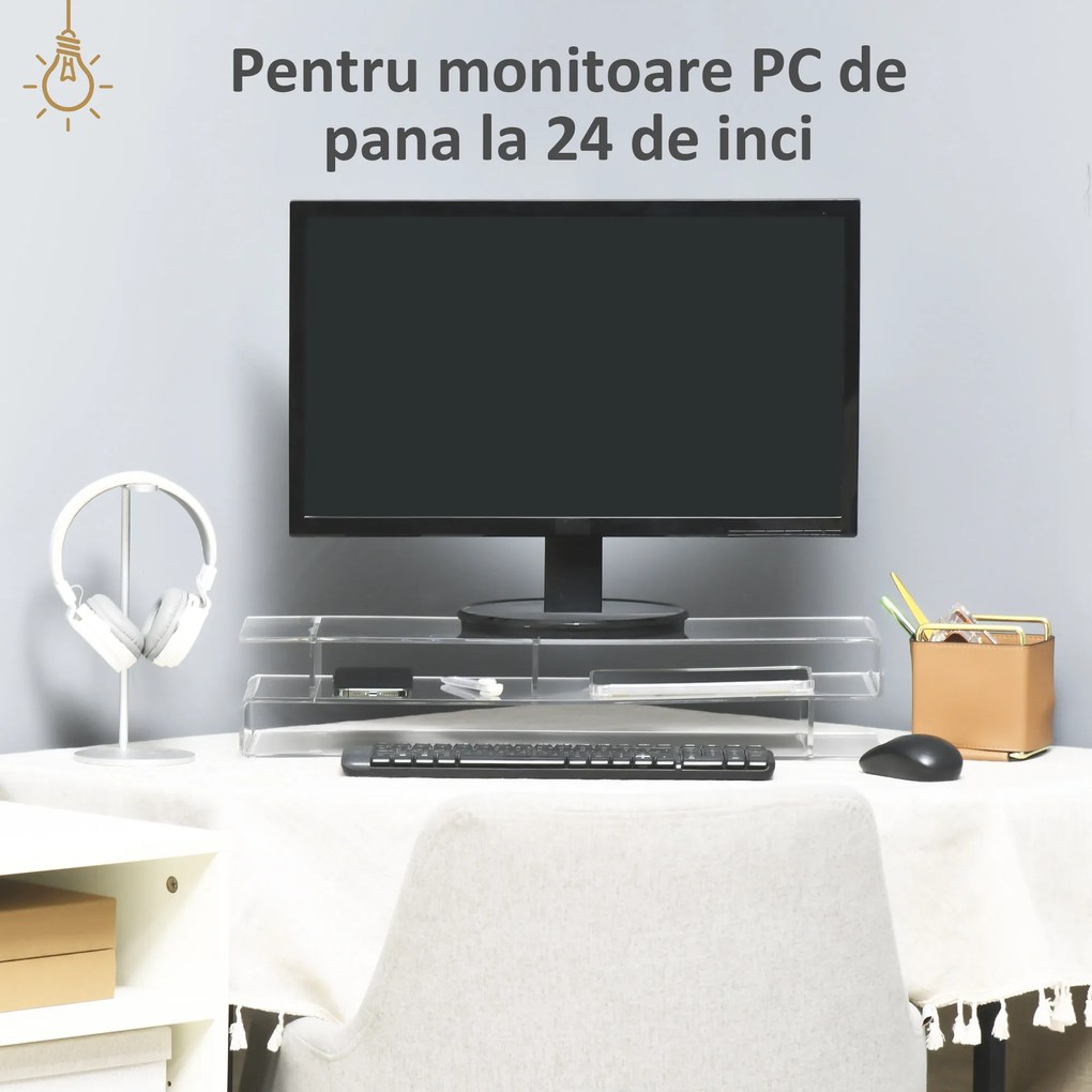 HOMCOM Suport Monitor Acrilic cu Spațiu pentru Tastatură, Organizator Birou Multifuncțional, Transparent, 50.8x19x12 cm | Aosom Romania