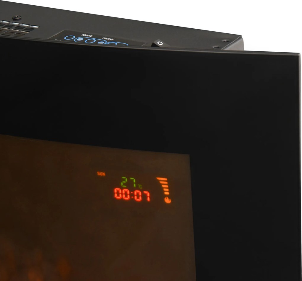 HOMCOM Șemineu Electric Încorporat cu Lumină LED în 7 Culori, Temperatură 15-30°C și Telecomandă, 89,2x13,5x48 cm, Negru | Aosom Romania